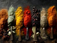 Colorful spices in vintage spoons arranged in row on dark stone background, aromatic cooking ingredients for culinary use.