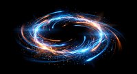 Cosmic energy spiral with glowing blue and orange light trails creating dynamic swirling motion against dark space background with sparkling particles.