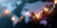 Financial market candlestick chart showing upward trend with glowing orange and blue bars against blurred world map background, illustrating global trading analysis.