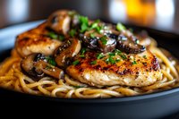 Grilled chicken breast with sauteed mushrooms and fresh herbs served over pasta in creamy sauce, close up view on dark plate with selective focus.