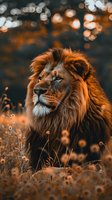 Majestic male lion with golden mane illuminated by warm sunset light, sitting among wildflowers against blurred bokeh background. Portrait captures strength and nobility of wildlife.