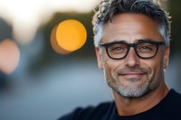 Mature Caucasian businessman with glasses and gray beard smiling confidently outdoors with warm bokeh background for professional corporate content.