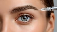 Close-up of eyebrow microblading procedure with syringe needle application on female client with blue eyes, showcasing beauty treatment technique.