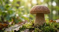 Fresh brown cap mushroom growing in natural forest moss with soft bokeh background for organic food and nature photography projects.