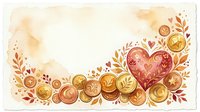 Watercolor greeting card with golden coins, red heart, and floral elements on warm beige background, copy space for text.