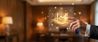 Businessman hand holding glowing upward arrow chart symbol with golden light particles, representing financial growth, success, and rising profits in corporate environment.