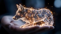 Magical glowing wolf constellation formed by golden light particles floating above open palm against dark background, creating mystical fantasy effect.