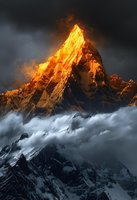 Dramatic mountain peak illuminated by golden sunset light piercing through dark storm clouds, creating a striking contrast between warm and cool tones perfect for adventure and nature themes.