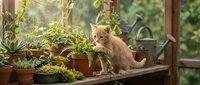 Orange tabby kitten sitting among potted plants on wooden shelf in sunny greenhouse garden setting with natural lighting and green foliage background.
