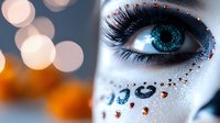 Dramatic close up of blue eye with creative fantasy makeup featuring glitter, rhinestones and artistic face paint design against blurred orange bokeh background.