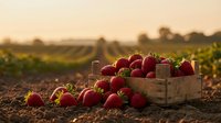 Fresh ripe strawberries in wooden crate at sunset on farm field. Organic berry harvest concept for healthy eating and agricultural produce marketing.