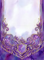 Ornate purple and gold decorative frame with watercolor gradient background, featuring elegant scrollwork and floral flourishes on transparent background, ready for invitations, cards, posters, and design projects.