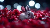 Adorable gray bunny rabbit peeking through vibrant red flowers with dreamy bokeh lights in background, creating magical spring garden atmosphere for greeting cards.