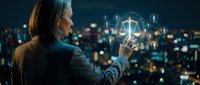 Professional businesswoman interacting with digital justice scale hologram against city lights backdrop, legal technology concept for modern law practice.