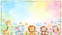 Cute watercolor safari animals border with giraffe, elephant, lion, monkey and owl on pastel rainbow background with gold frame.