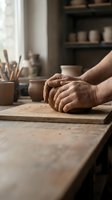 Potter hands shaping clay on wooden table in ceramic workshop with tools and pottery on shelves in background for artisan crafts and handmade creation.