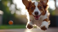 Happy border collie dog running and jumping to catch ball in park, captured in warm sunset light with blurred natural background.