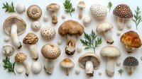 Fresh wild and cultivated mushrooms variety with green herbs arranged on white background, top view composition for food photography and culinary design.
