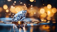 Sparkling diamond resting on reflective surface with warm golden bokeh lights and water droplets creating luxury and elegance for jewelry, luxury goods, and premium product marketing.