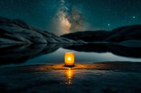 Glowing lantern on frozen lake under starry night sky with Milky Way galaxy reflecting in water surrounded by snow-covered mountains creating magical winter scene.