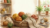 Wicker basket filled with colorful yarn balls and knitting supplies on wooden table near window with potted plants and shelves, craft room setup.