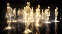 Glowing translucent human figures standing in formation emit golden light against dark background, creating ethereal atmosphere with scattered light particles on reflective surface.