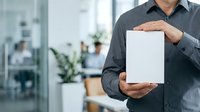Middle-aged man with light skin tone wearing dark gray shirt holding blank white box in modern office environment with blurred background and plants.