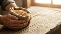 Farmer holding burlap sack of grain seeds indoors with natural sunlight, suitable for agriculture, farming, harvest, and food production content.