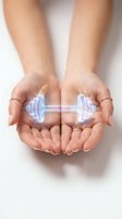 Female hands holding glowing holographic dumbbell with sparkle effect against white background. Fitness, wellness, and digital technology concept for gym training and health.