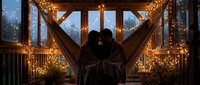 Silhouetted figure with arms raised on illuminated porch surrounded by warm string lights and winter landscape, celebrating holiday season outdoors.