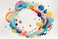 Vibrant watercolor circular composition with splashes and dots in rainbow colors on white background, abstract fluid art suitable for modern wall decor and stationery design.