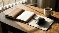 Cozy workspace with open notebook, coffee cup and laptop on wooden desk by window. Morning light creates warm atmosphere for writing and productivity.