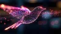Digital wireframe hummingbird glowing with pink neon light effect against dark background with bokeh lights, modern technology and nature concept.