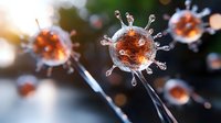 Microscopic view of virus cell structure with spiky surface proteins floating in dark space, illuminated against blurred background for medical and scientific concepts.