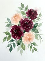 Watercolor floral arrangement featuring deep burgundy and blush roses with green foliage on white background, suitable for wedding invitations and design projects.