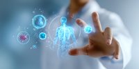 Medical professional interacting with holographic display showing human anatomy and virus cells in blue glowing visualization against blurred background.