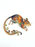 Decorative mouse with ornate floral patterns and scrolling tail design, isolated on white background for clipart and design applications.