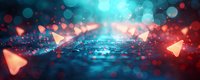 Glowing paper planes float over reflective wet surface with bokeh lights in red and blue colors creating magical atmospheric scene. Suitable for background design.