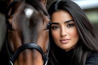 Close-up portrait of young woman with long dark hair and natural makeup posing with brown horse outdoors, showing connection between human and animal.