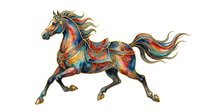 Ornate carousel horse with vibrant red, gold, and blue decorative patterns, flowing mane and tail, isolated on white background for design projects.
