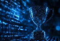 Digital trophy composed of binary code and glowing blue data streams against dark background, representing technological achievement and success.