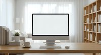Modern workspace with blank computer monitor on wooden desk in bright office interior with bookshelf and coffee cup for mockup presentations.