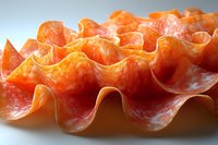 Macro shot of thinly sliced salami arranged in wavy rows showing detailed texture and marbling pattern against light background, suitable for food industry use.