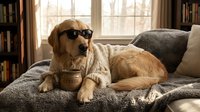 Golden retriever dog wearing sunglasses relaxing on cozy sofa with coffee mug in warm home library setting with books and natural window light.