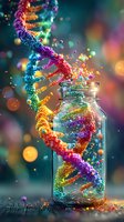 Colorful DNA helix structure emerging from glass jar with magical sparkles and bokeh effects on dark background, scientific concept for genetics and biology research.