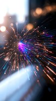 Fiber optic cables with bright light burst creating colorful streaks and bokeh effects for technology and communication concepts.