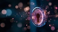 Glowing digital keyhole with particle effects and bokeh lights on dark background, representing cybersecurity and data protection concept.