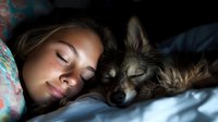 Young woman sleeping peacefully next to her dog on bed, sharing intimate bonding moment. Close-up portrait shows tranquil expression and emotional connection between pet owner and companion.
