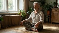 Senior man with gray hair and beard, Caucasian ethnicity, sitting cross-legged on floor in bright living room with plants and wooden furniture, wearing casual beige shirt, relaxed meditation pose.