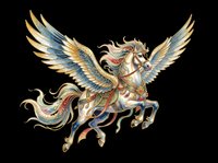 Ornate winged horse with golden armor and colorful details, isolated on transparent background, ready for stickers, t-shirt design, and print on demand.